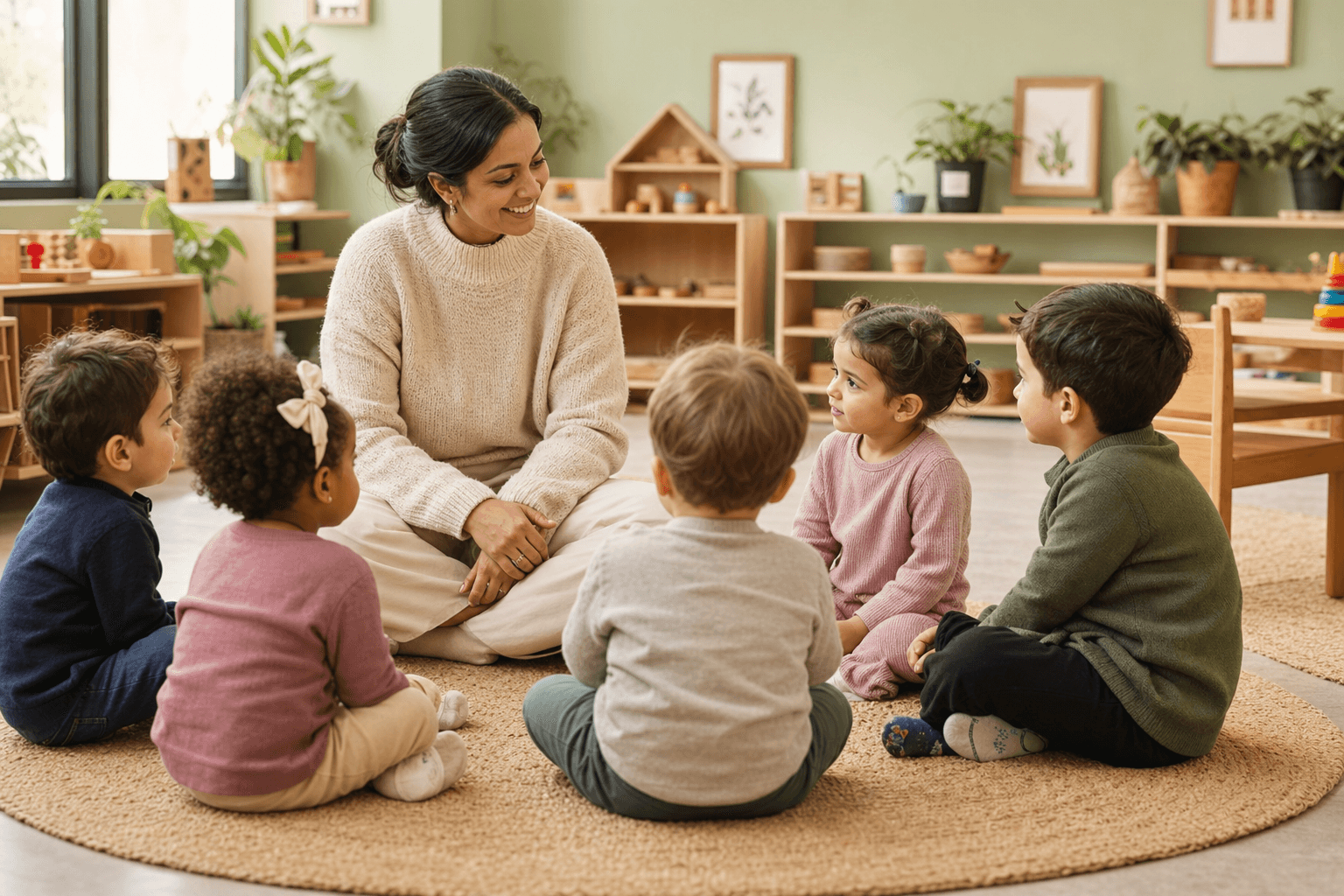 Educator with young children in a welcoming classroom circle — child-centred group time