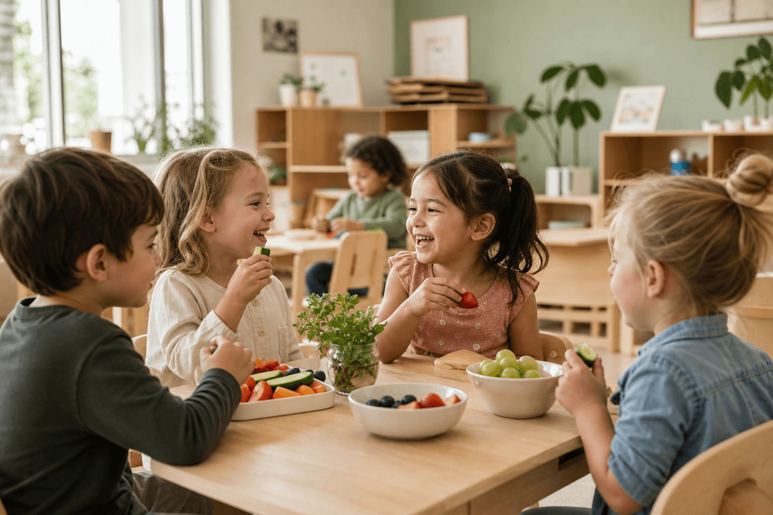 Children learning through structured, age-appropriate play in an early-years classroom