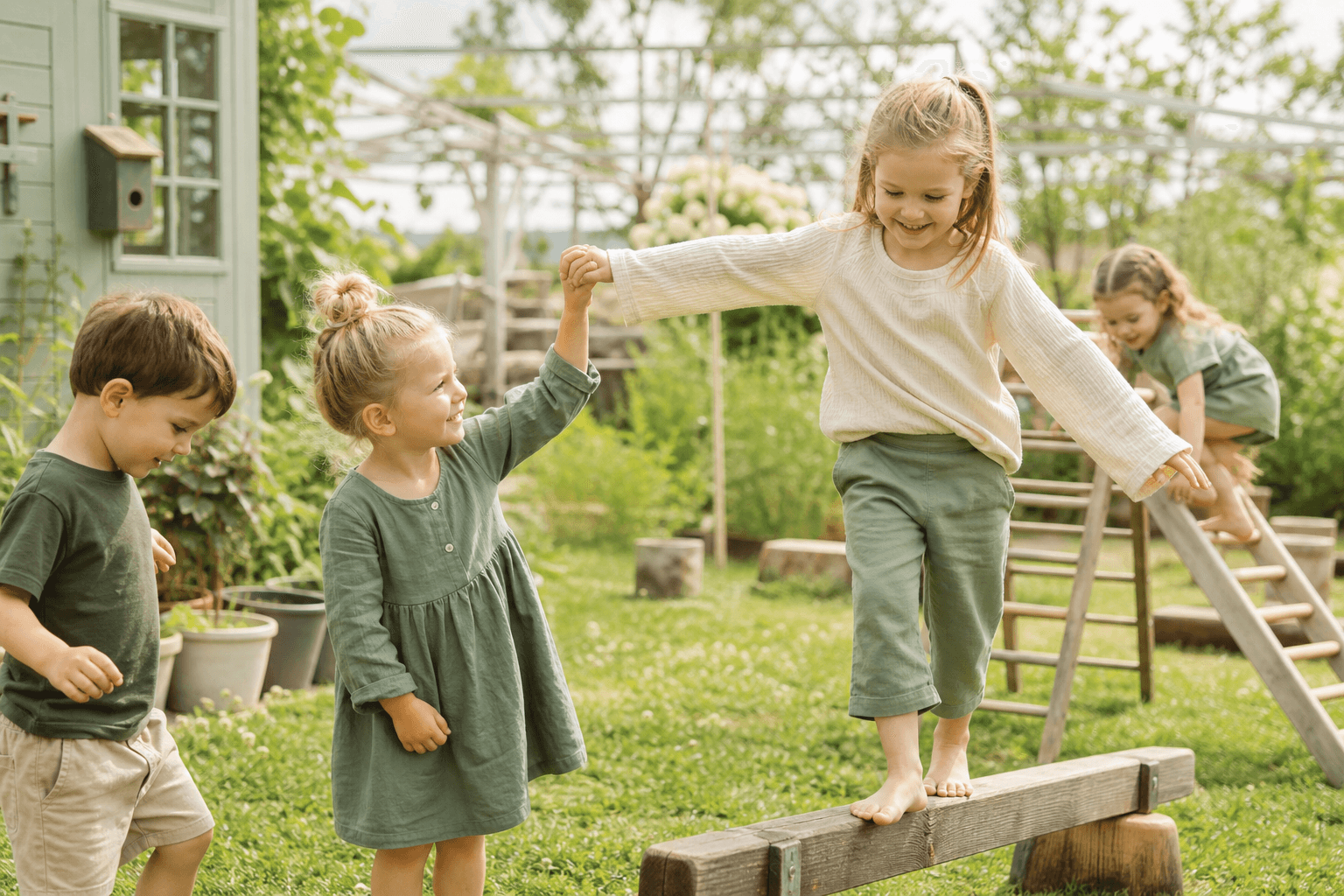 Children enjoying supervised outdoor play in a safe kindergarten garden