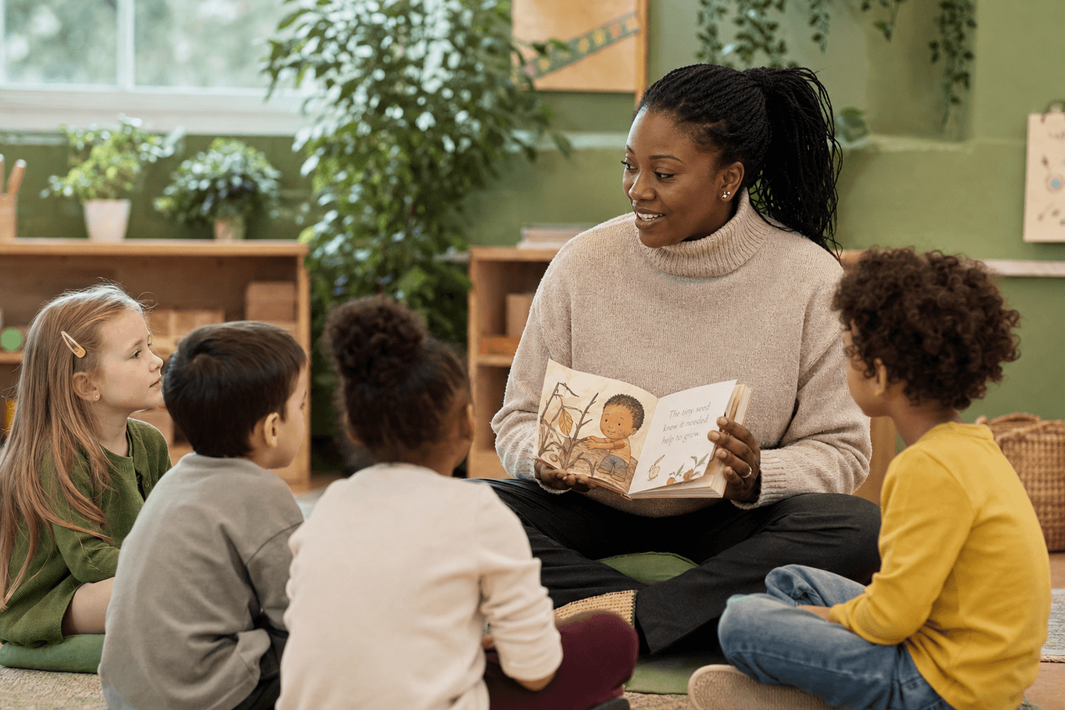 Calm reading moment with young children — cosy early childhood environment