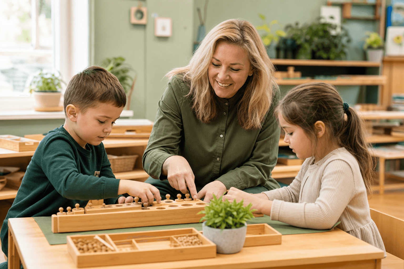 Educator and children sharing a hands-on learning activity at a child-height table